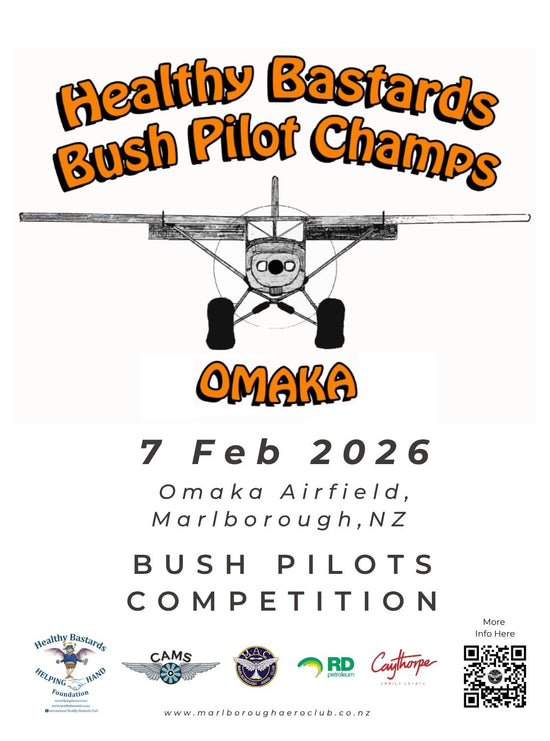 Poster for Bush Pilot Champs Omaka - event with airplane illustration and event details.