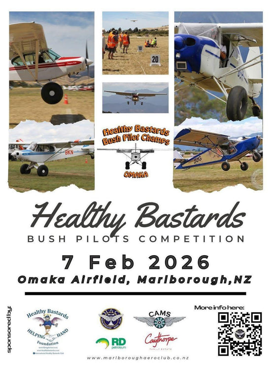 Promotional poster for the 'Healthy Bastards Bush Pilots Competition' with airplane images and event details.