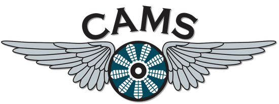 CAMS logo with wings and a circular emblem on a black background